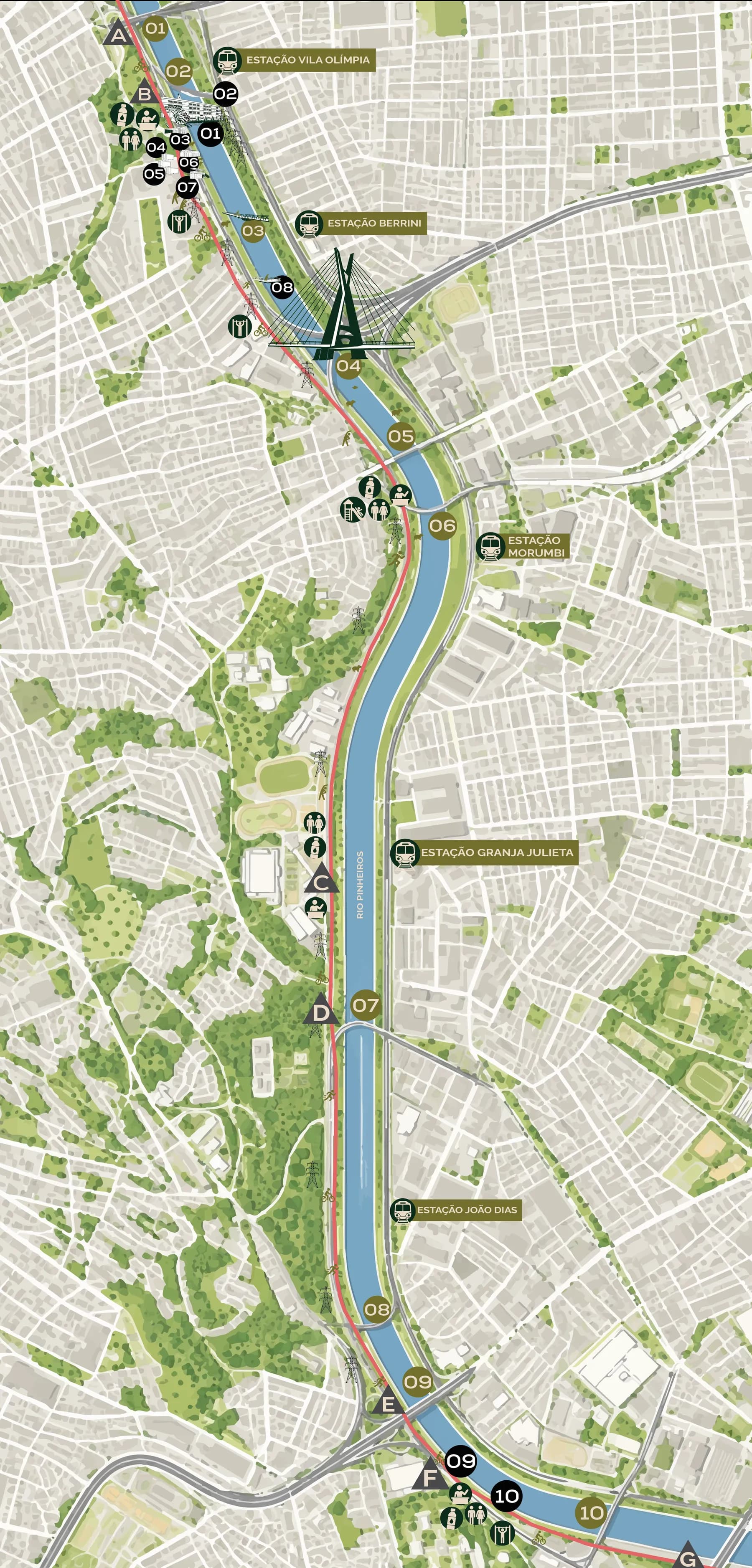 Mapa do Parque Bruno Covas e da Ciclovia do Rio Pinheiros, com acessos, pontes, estações de trem e pontos de apoio